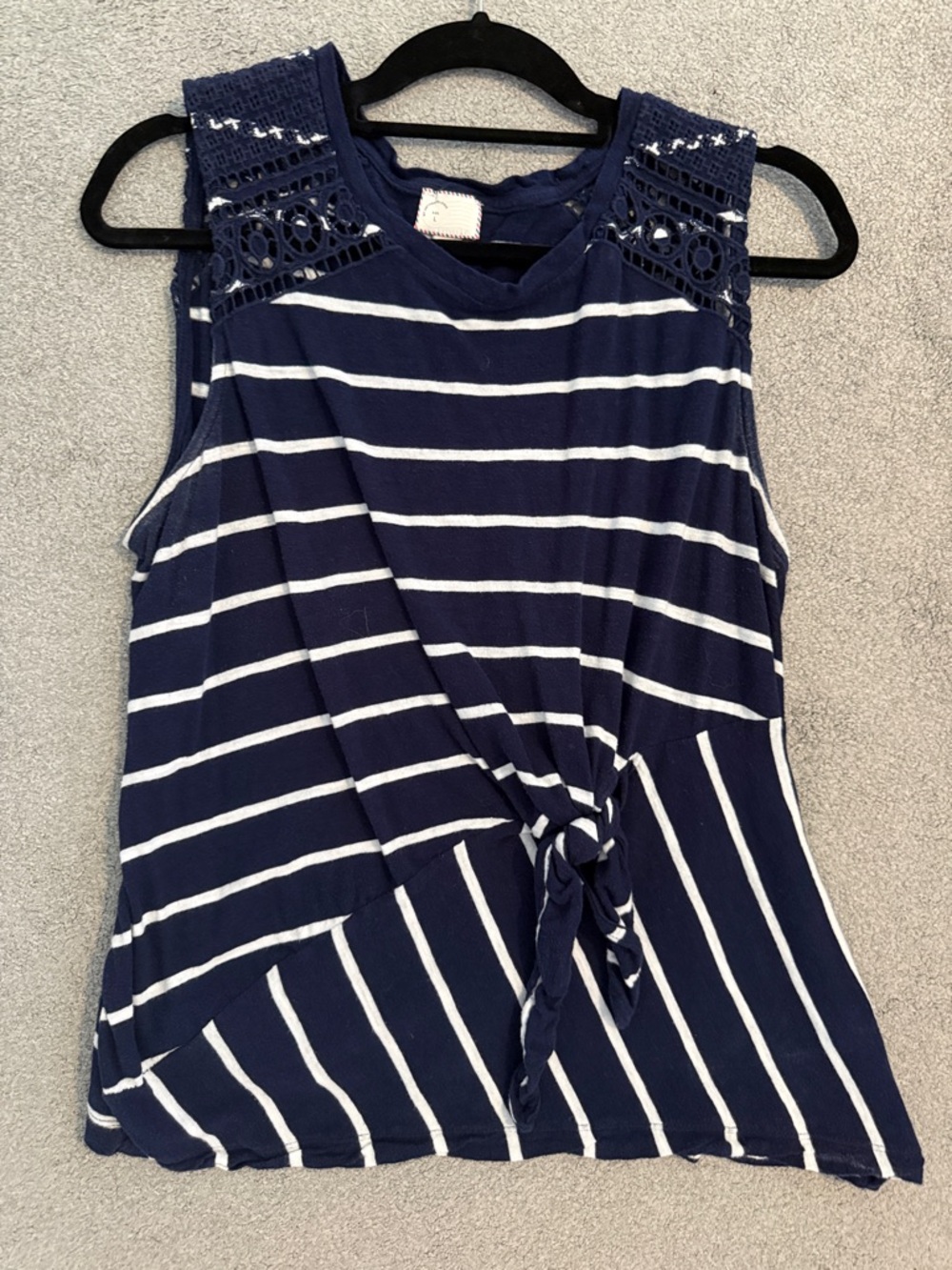 Anthropologie Navy and White Striped Tie-Front Crochet Shoulder Tank